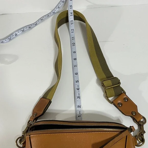 Sundance Belt Bag. Tan Leather with Green Stripe Hip Belt. Made in Italy. - Picture 2 of 12